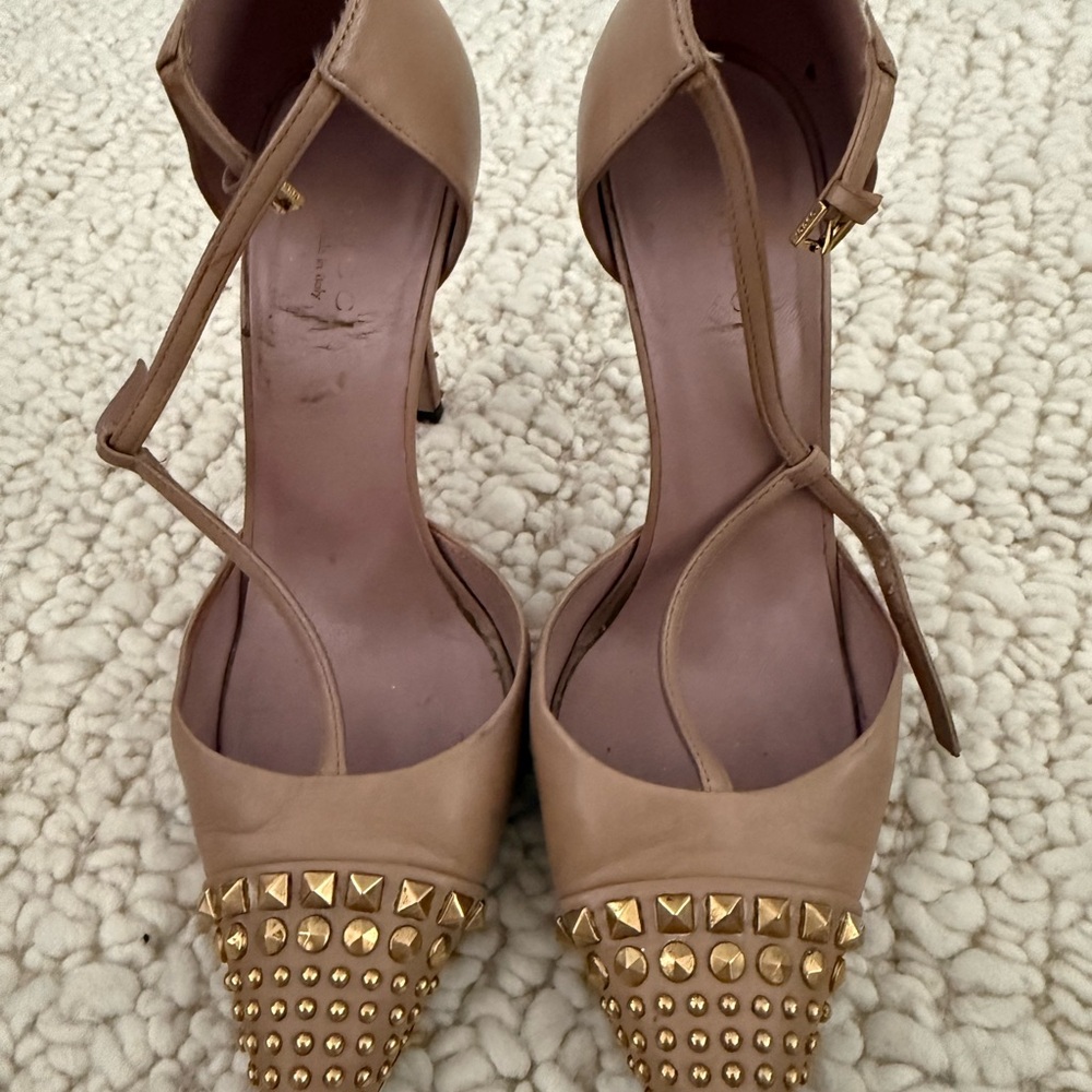 Gucci Nude Studded Pointed-Toe Ankle-Strap Heels